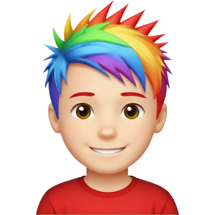 Boy with rainbow streaks — short spiky hair glowing under light, red T-shirt emoji