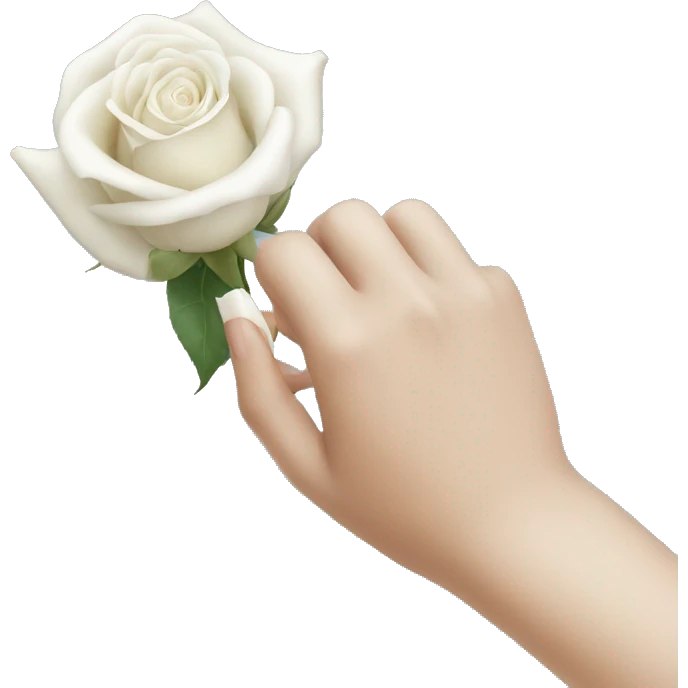 A hand with white nails holding a white rose emoji
