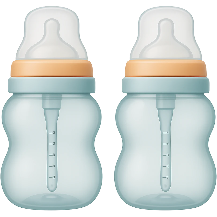 Adjust the shape of the two silicone baby bottle nipples to be flatter and wider, keeping the wide base and soft, smooth, translucent look, with gentle curves, light pastel tones, and transparent background. emoji