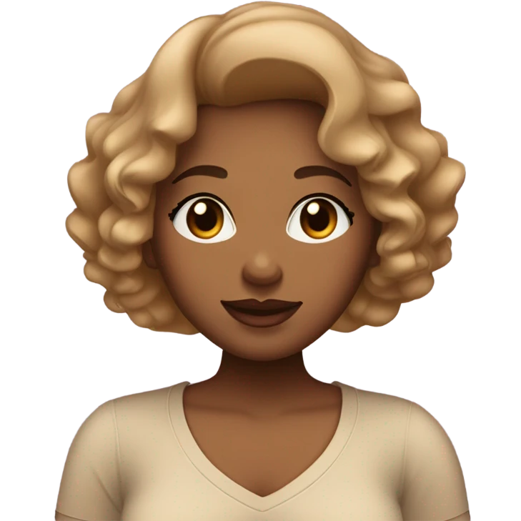 tan skin woman with chubby cheeks and straight slightly wavy hair, two toned lips, not so big eyes and curly eyelashes, wearing a v-neck short sleeves, broad shoulders, has a dark feminine energy emoji