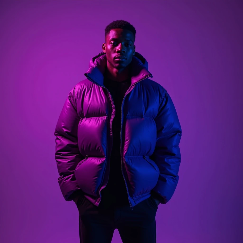 Cinematic still of a black man in purple puffer abstract jacket, purple solid background, cinematic soft lightning emoji