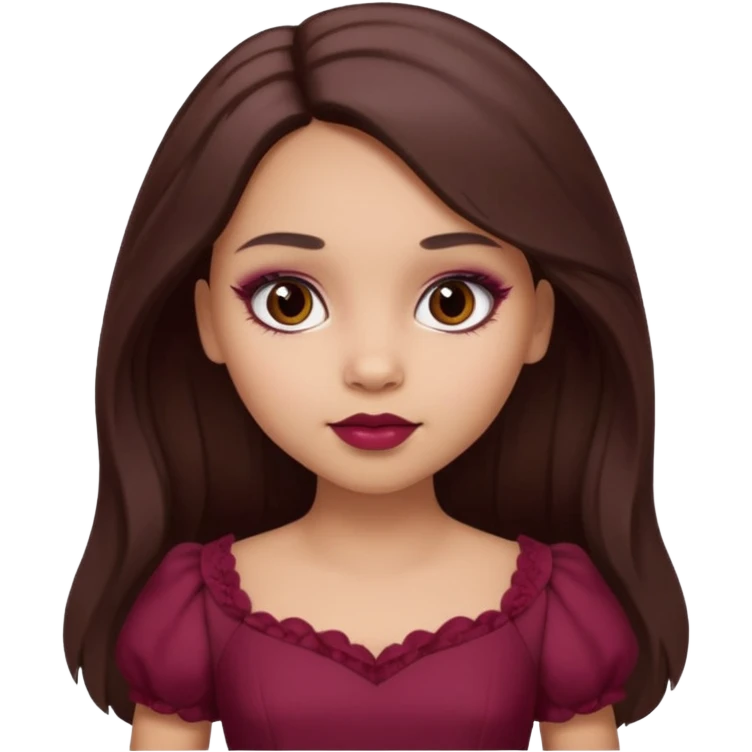 a light skin girl with long brunette hair. with dark brown eyes and slightly slanted. wear a doll like make-up with maroon dress.  emoji