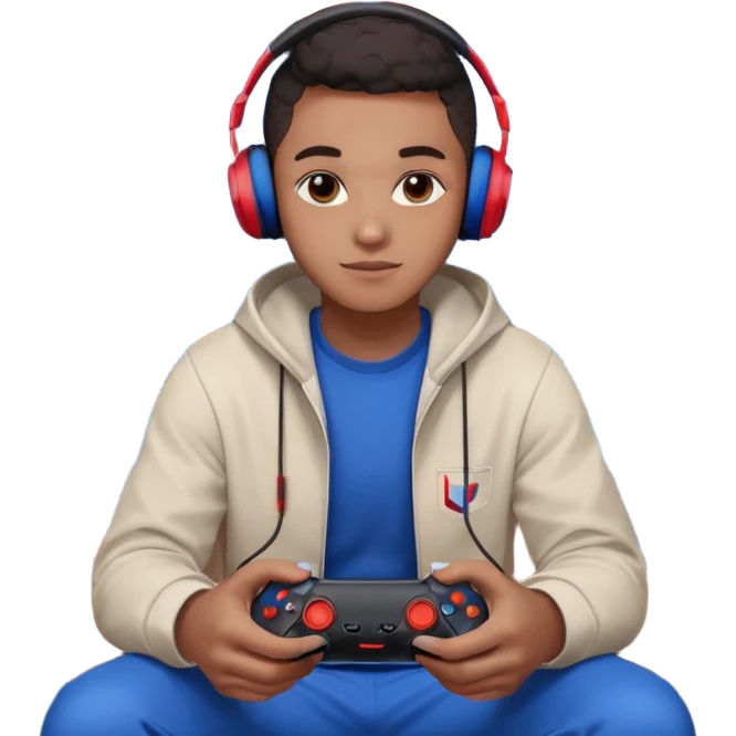 Black Muslim gamer sitting in a gaming setup with LED lights (red/blue), PS5 2025 controller in hand, confident pose, headphones around neck, posters and shelves in background, high-resolution portrait, crisp details, cinematic lighting. emoji