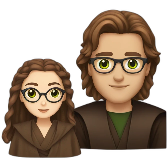 anakin with glasses and padme with green eyes, long brown hair emoji