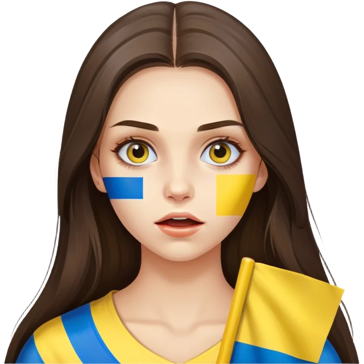 Brunette woman with long hair, Ukrainian flag (blue and yellow) painted on her cheek, surprised expression emoji