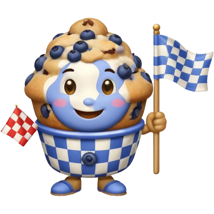 smiling blueberry muffin holding a small checkered flag emoji
