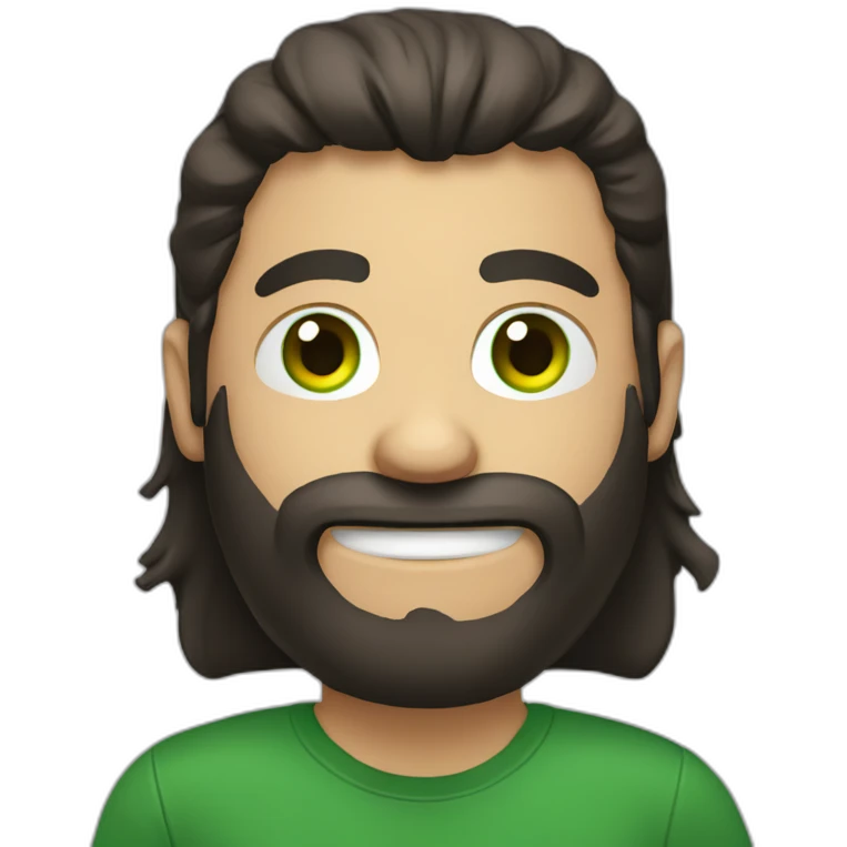 a white guy with dark brown long hair green eye beard black tshirt thumb up emoji
