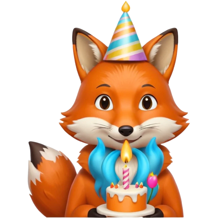 A fox wearing a birthday hat, joyfully blowing candles, portrait, bust up emoji