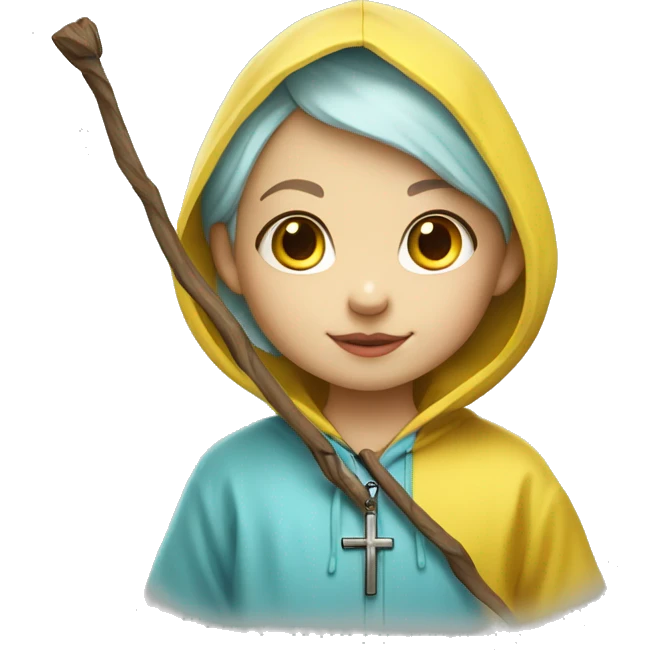 Cute little girl with light blue hair wearing a yellow raincoat hood up with white skin and short hair with cross necklace holding a staff emoji