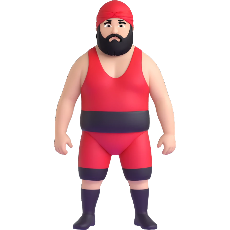 White skin fat guy with black durag, black beard, and black eyes in a red and black wrestling singlet emoji