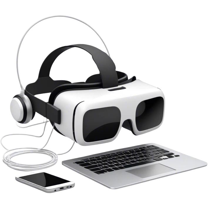 VR headset lying next to a laptop, connected by wires. On the laptop screen a VR/AR modeling program is opened. Floating 3D models or virtual objects. Modern, tech-inspired colors. No emojis or smiley faces. Transparent background. emoji