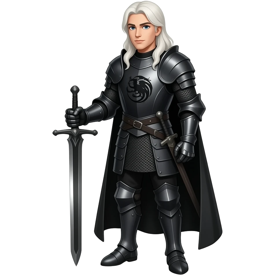 Згенеруй лцаря з білим, довгим волоссям, в чорних обладунках, на грудях герб таргаріенів однотонним чорним візерунком, він стоїть в повний зріст з чорним мечем, видно його обличчя, під кутом emoji
