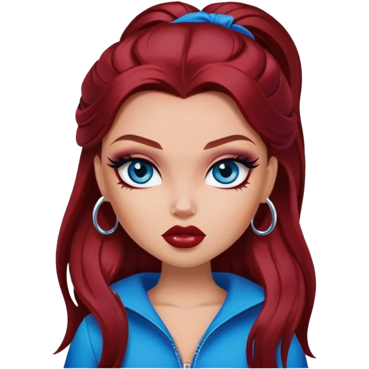 bratz baddie, dark red hair, long hair, blue eyes, makeup emoji