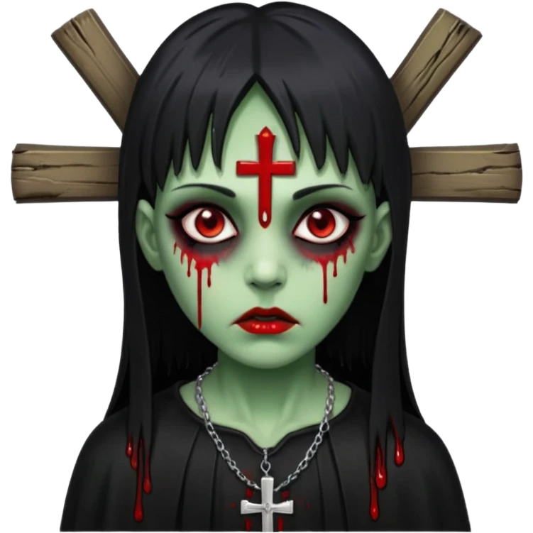 zumbi verde com olhos vermelhos sangrando e franja roupa preta e um crucifixo como colar emoji