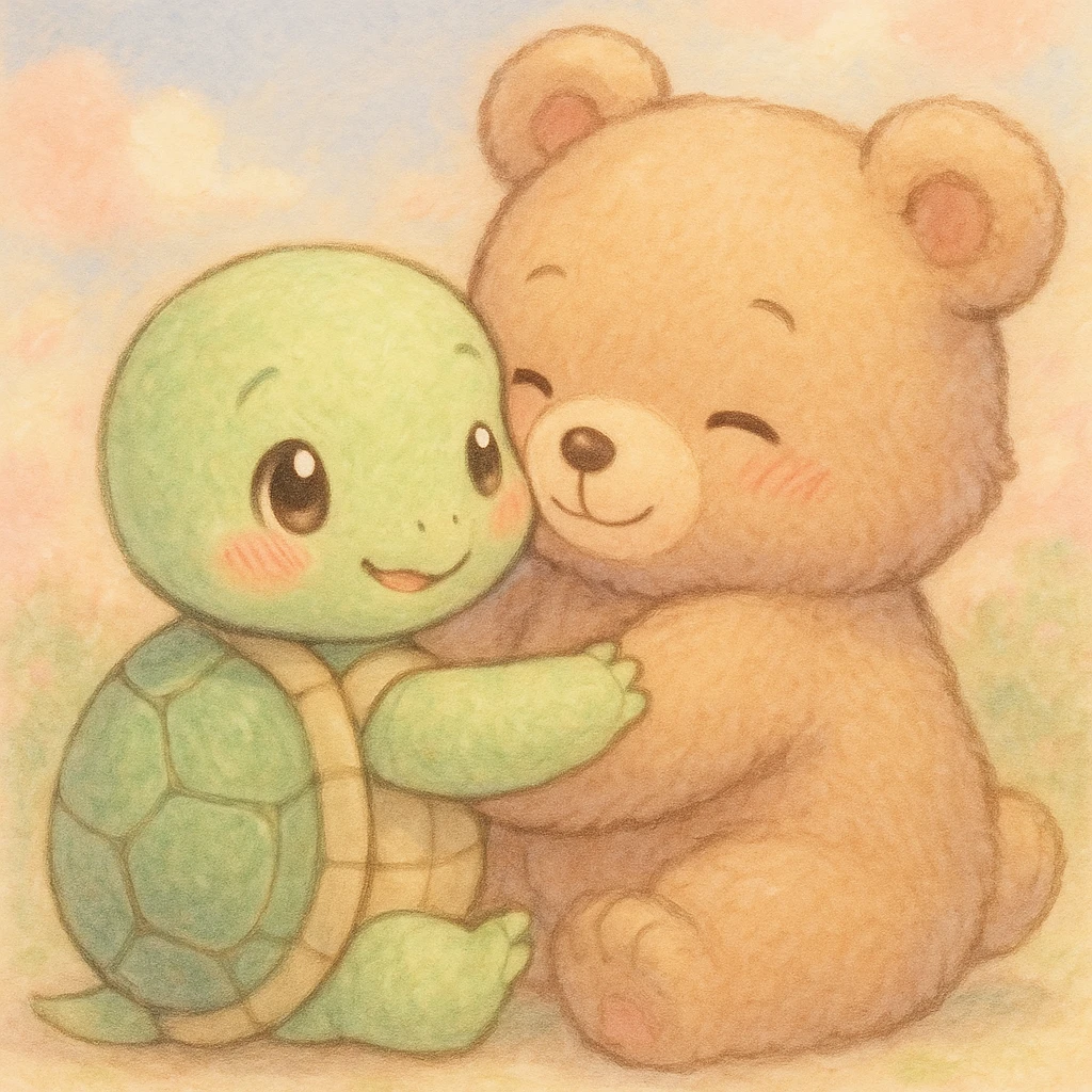 cute anime turtle and bear hugging, detailed, soft pastel colors emoji