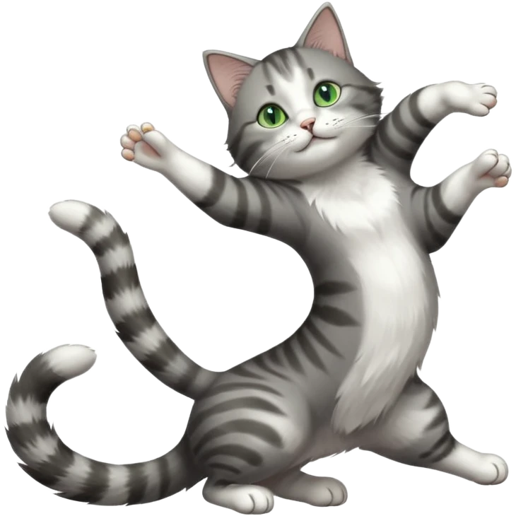 grey and white cat with green eyes doing a big extremely long stretch reaching up into the air with arms and legs side by side together straight and overextended whilst lying on its side emoji