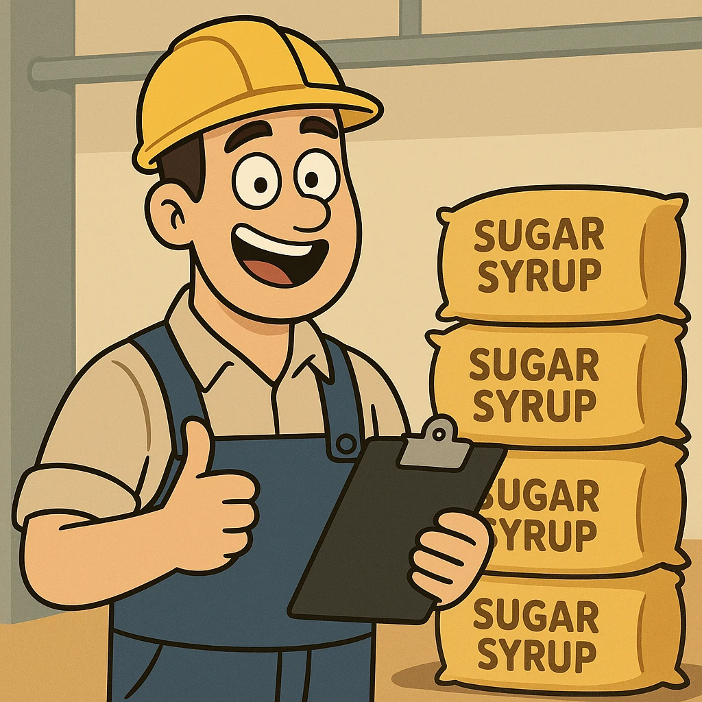 cartoon style factory worker happily confirming and receiving a new order, smiling, holding a clipboard or giving a thumbs up, with golden sugar syrup bags in the background, modern and cheerful scene emoji