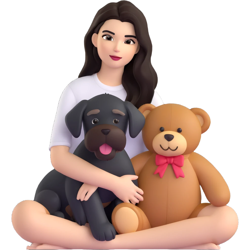 Kendall Jenner with long dark hair, holds a brown teddy bear and a black schnauzer emoji