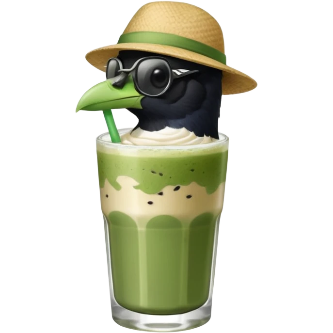 It’s an Australien Magpie sitting on an iced matcha latte on the edge of the glass. It has green matcha on its beak indicating it drank. The iced matxha latte is in a see through glass and white from the oat milk on the bottom and green on top…and there is a straw in the drink and ice cubes emoji