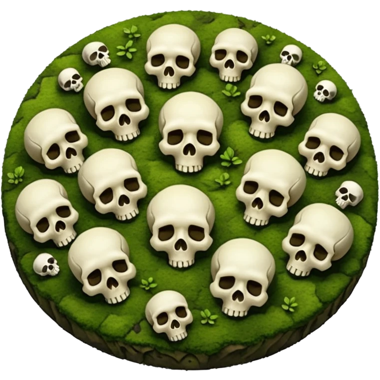 A creepy moss covered ground with skulls from a top down perspective. In the style of your bleeding skull art. In a realistic style covering the whole screen with little tint skulls emoji