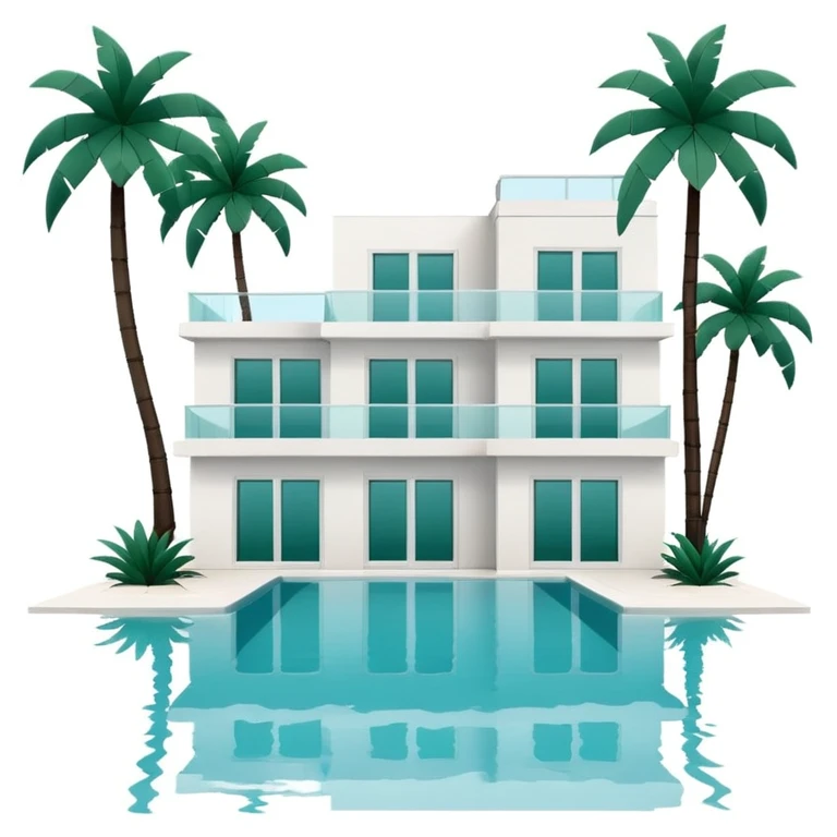 white villa with swimming pool and dark green palm trees, minimalism, no emojis or faces, white background emoji