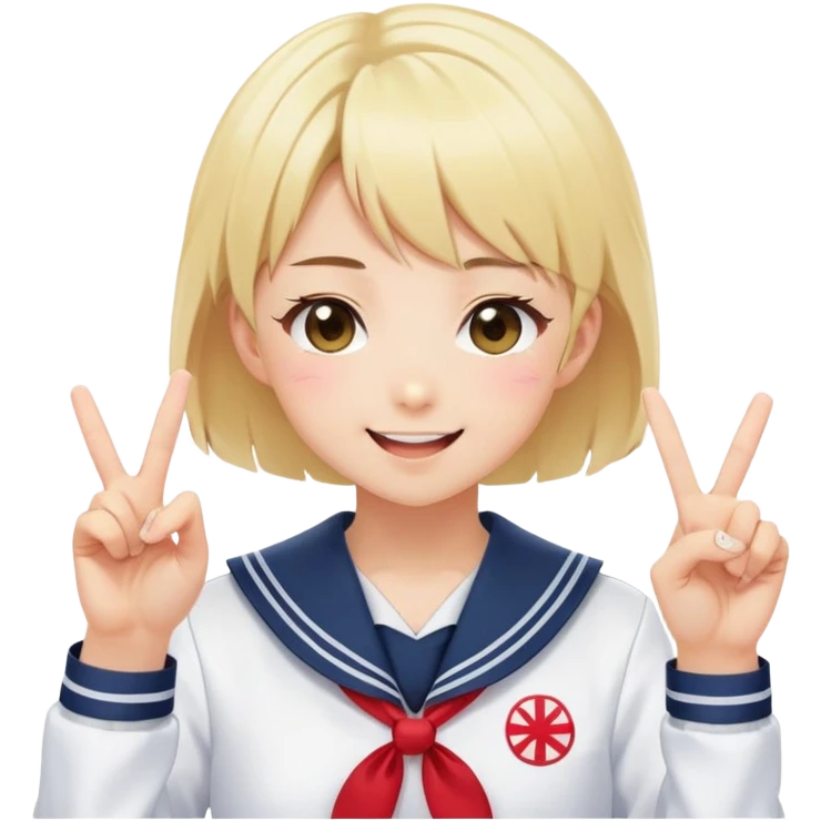 Energetic anime girl with short blonde hair wearing Japanese sailor style school uniform, winking and making double peace signs, very cheerful and bubbly, kawaii style emoji