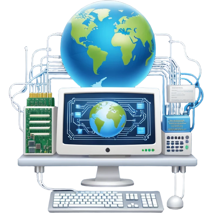 An icon featuring a computer monitor displaying code, a globe with network nodes, and a circuit board, symbolizing IT. The design includes data streams, cloud storage, and a keyboard, representing digital innovation, connectivity, and problem-solving. Transparent background emoji