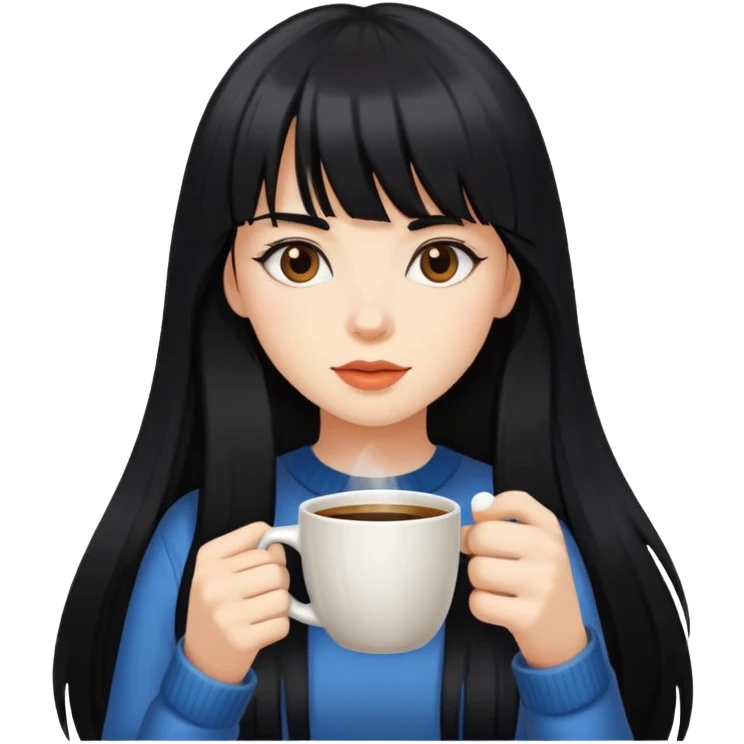 A girl with long black hair and bangs drinking coffee emoji