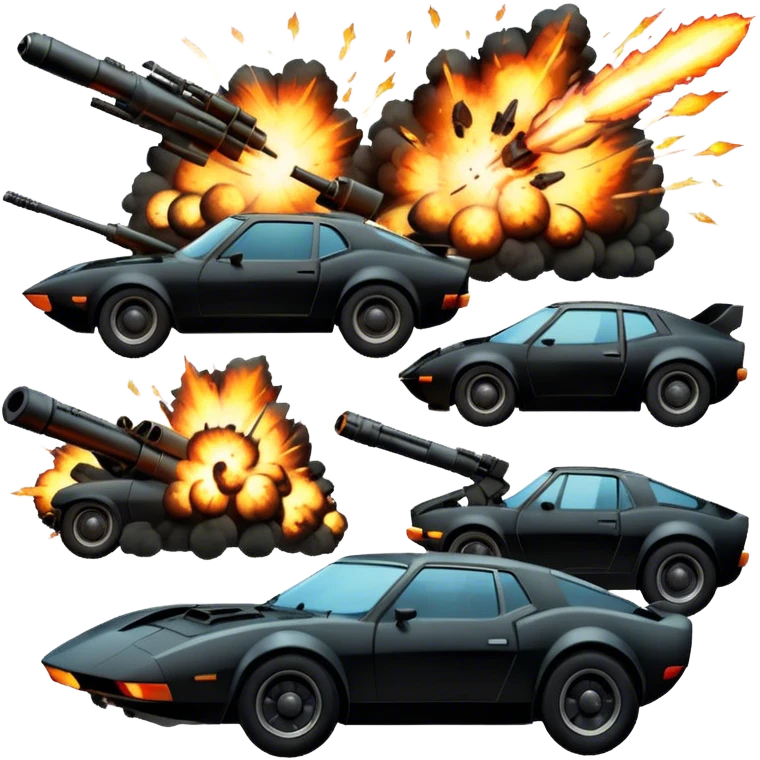 Photorealistic Icon for Action Movies: Dynamic close-up collage of iconic action movie scenes featuring explosions, fast car, combat and weapons. Include silhouettes of famous action heroes, dramatic lighting and a sense of high-octane energy. Transparent background. emoji