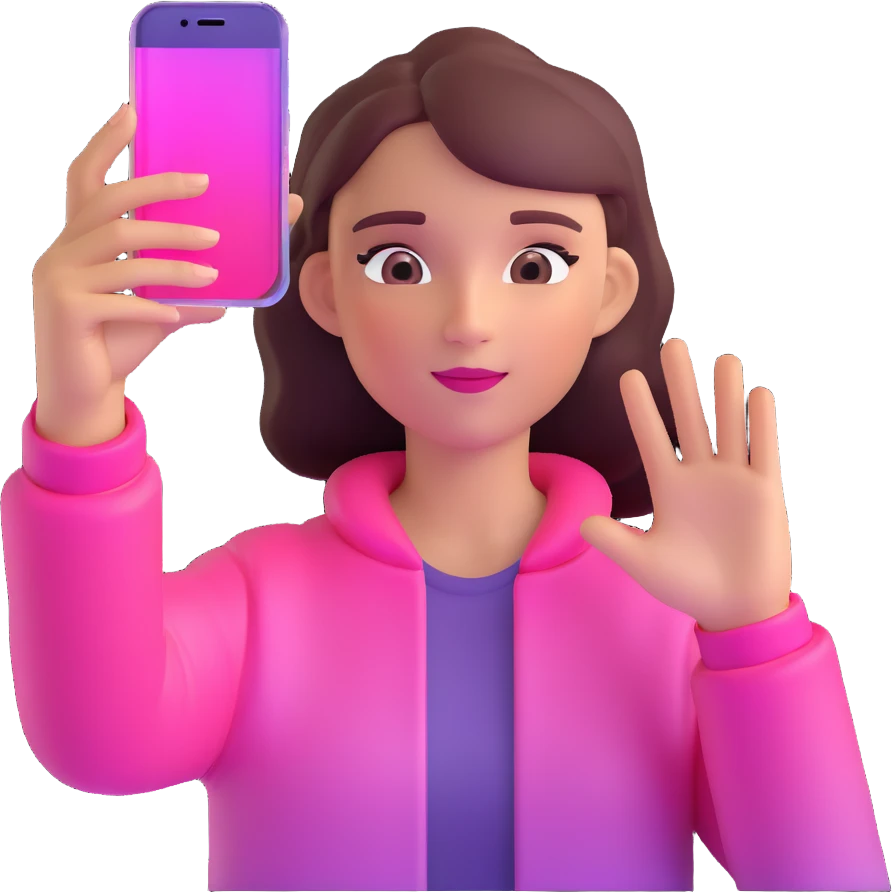girl taking selfie, transparent glass with bright pink gradient from #FF335F to #FF99AA, highlights and reflections, minimalistic emoji