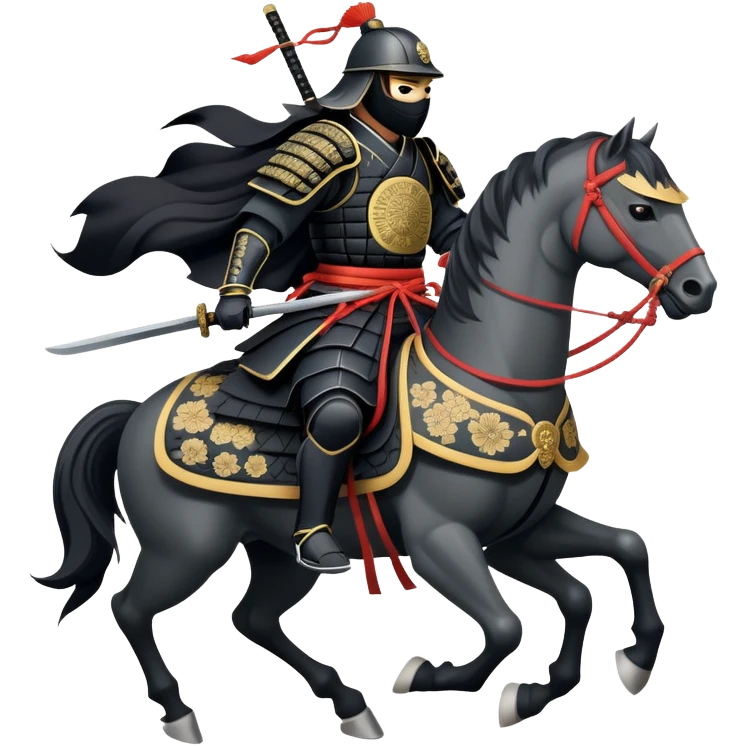 clash-of-clans-aesthetic_-cinematic-fearsome-and-majestic-samurai-bust-portrait-emoji, rendered in a flat, vector-style with minimal shading and bold, simplified shapes typical of emoji art, depicting a battle-hardened samurai with black mask and traditional black Japanese armor. The samurai is riding a noble grey warhorse adorned with an intricately designed saddle and fluttering banners and a rising sun. a samurai riding on a  horse emoji