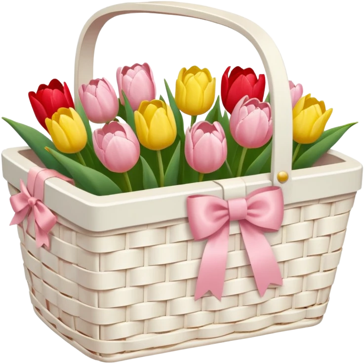 A white Picnic basket with light pink bow, white peonie, tulips emoji