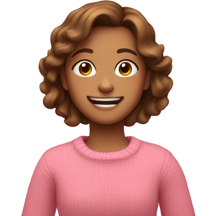 girl with brown hair and in a pink sweater laughs emoji
