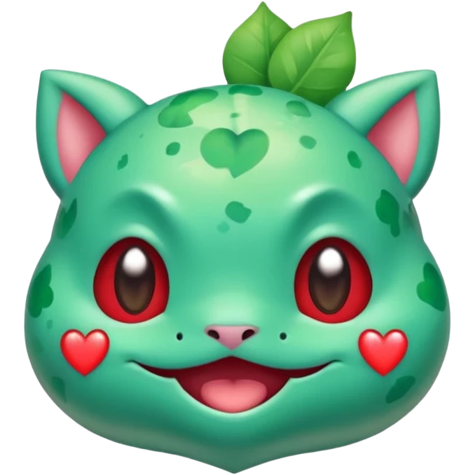 cute Bulbasaur Pokémon, rednote emoji style, winking face, heart-shaped decorations, joyful look, green and teal tones emoji