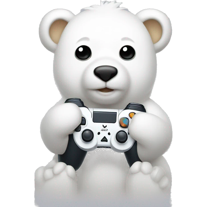 an adorable cute white bear holding a ps5 controller emoji