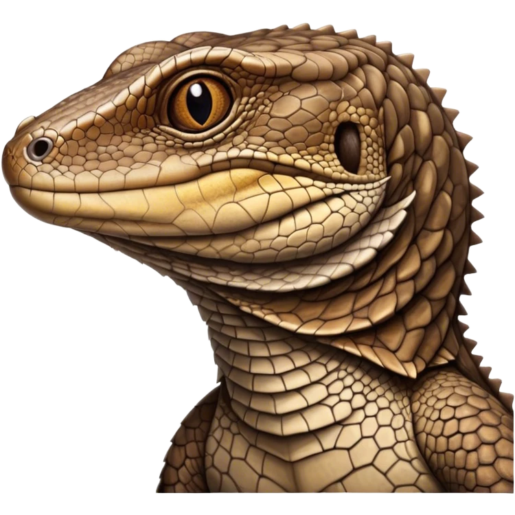 Cinematic Noble brown monitor Lizard Portrait Emoji, Poised and regal, with a robust, scaled body exhibiting striking, mottled patterns and piercing, alert eyes, Simplified yet sharp and sophisticated features, highly detailed, glowing with a soft, earthy glow, high shine, intelligent and formidable, stylized with an air of ancient wilderness, focused and commanding, soft glowing outline, capturing the essence of a watchful and confident reptilian guardian that appears ready to stride out of the screen with effortless authority! emoji