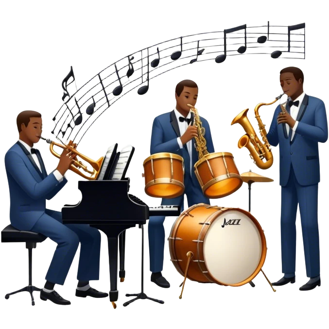 Icon for Jazz Music: The Jazz Messengers, featuring a dynamic composition with Art Blakey on drums and musicians playing saxophone, trumpet, and piano. Musical notes and a warm jazz club atmosphere emphasize the vibrant hard bop style. Transparent background. emoji