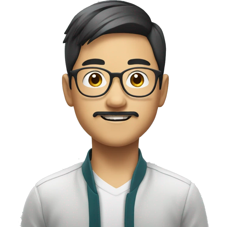 Asian boy smiling with food. Glasses and a mustache and goatee  emoji