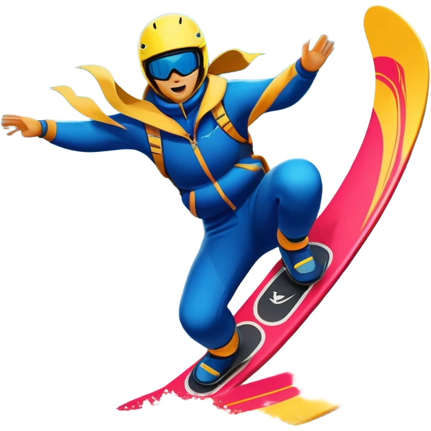 An emblematic symbol featuring a stylized figure in mid-action, representing extreme sports. The design incorporates dynamic lines and bold shapes, with elements like mountains, waves, and flying objects, capturing the thrill and adrenaline of various extreme sports in a single, unified icon. emoji