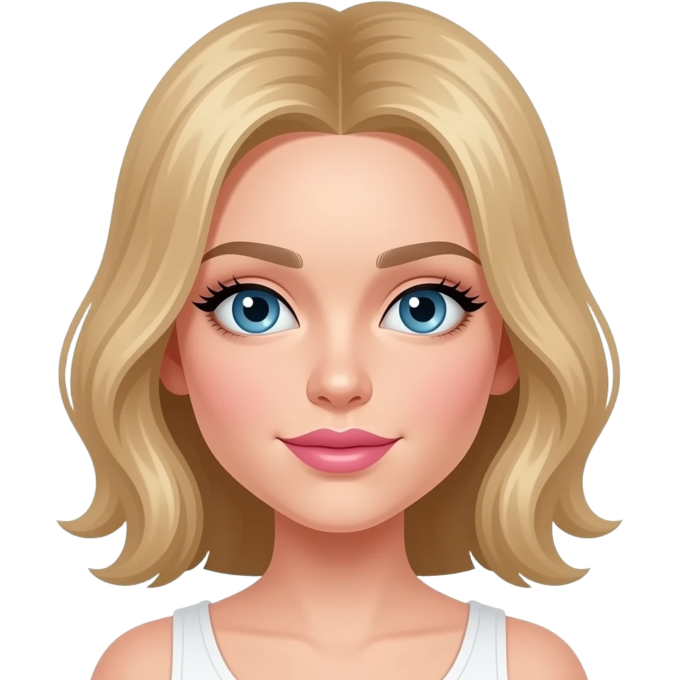 a girl with medium blonde hair and blue eyes, black eyelashes, pink lips emoji