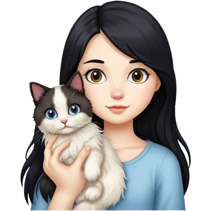 A girl with long black hair holding a cute ragdoll cat emoji