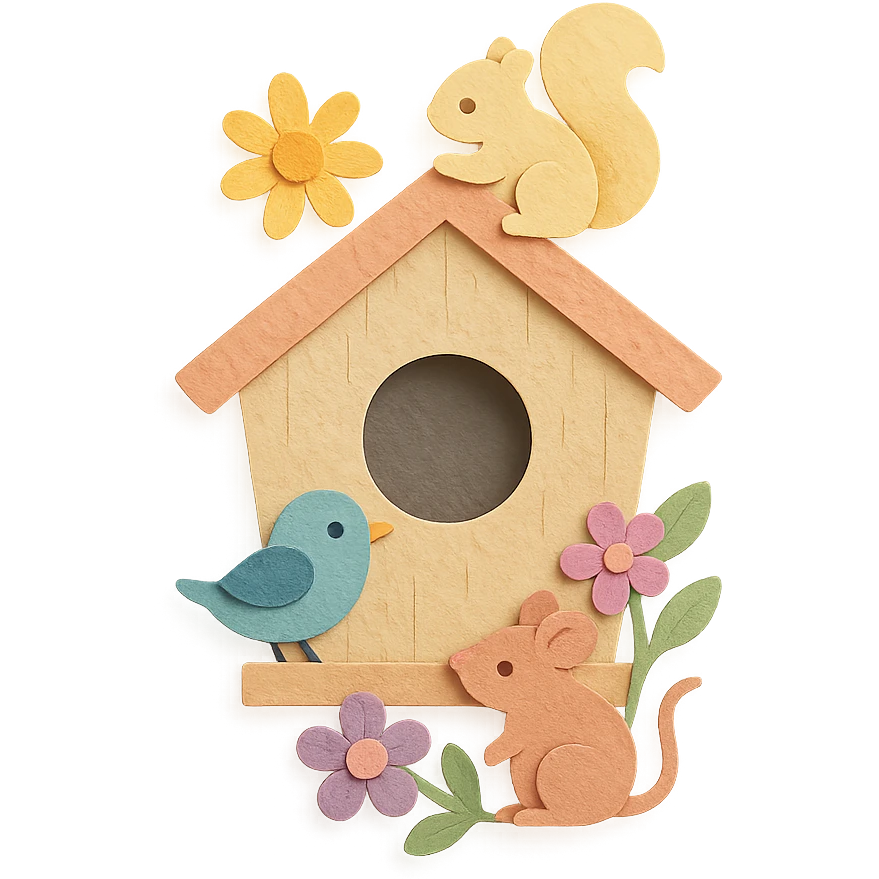 a cozy birdhouse with flowers and forest creatures, soft pastel colors, paper craft style emoji