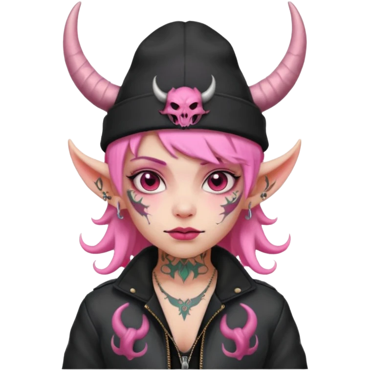 pink girl demon with tattoos, hat, jacket and horns emoji