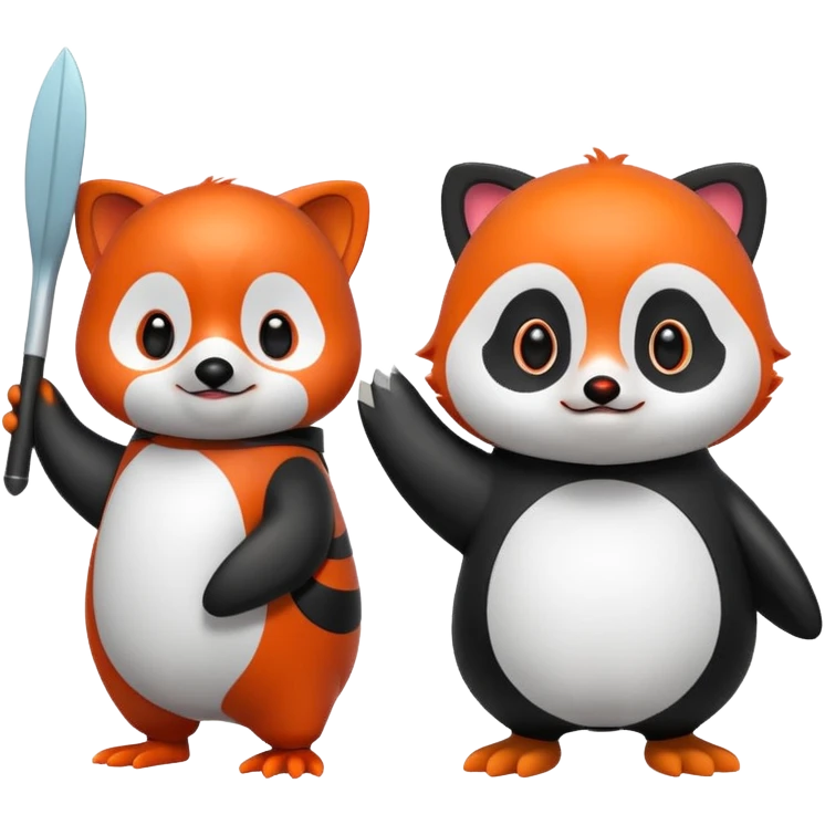 A cartoon  cute cartoon penguin. Next to it is a cartoon red panda holding its flipper  emoji