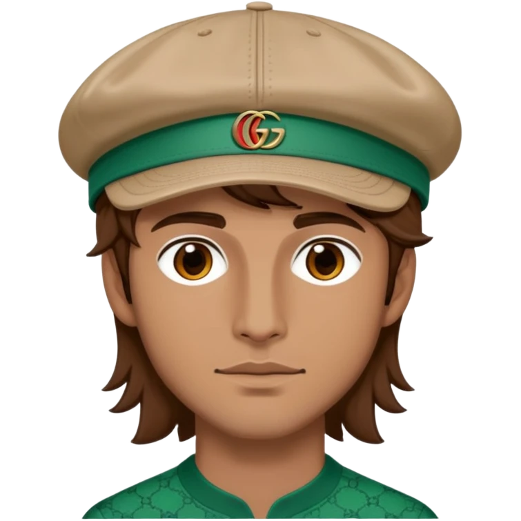 man with medium-length brown hair, wearing a Gucci cap emoji