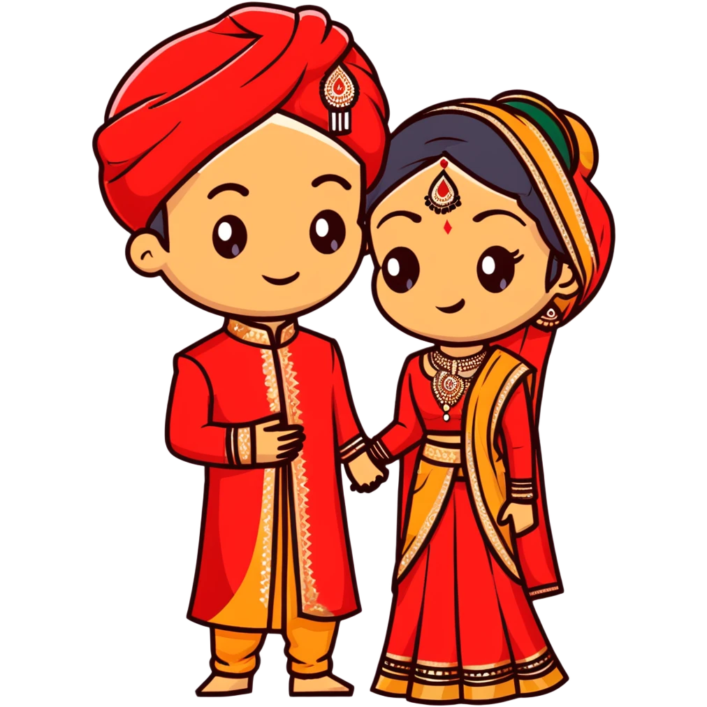 Indian bride and groom on their wedding day, bride in decorative red wedding outfit with gold details, groom in elegant sherwani, both fair-skinned, groom has no facial hair emoji