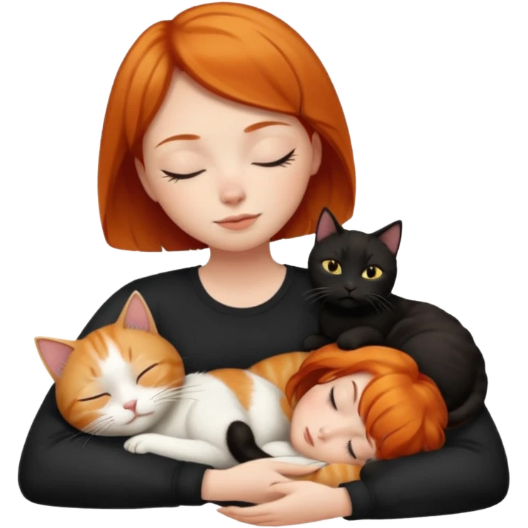 Ginger Girl short hair sleeping with two cats a black and a white bigger cat  emoji