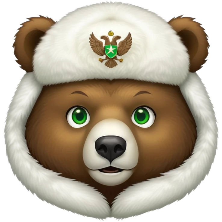 Friendly brown bear face with bright green eyes in a white fur ushanka with centered double-headed eagle emblem, Russian styled emoji