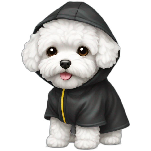 White maltipoo with black raincoat emoji