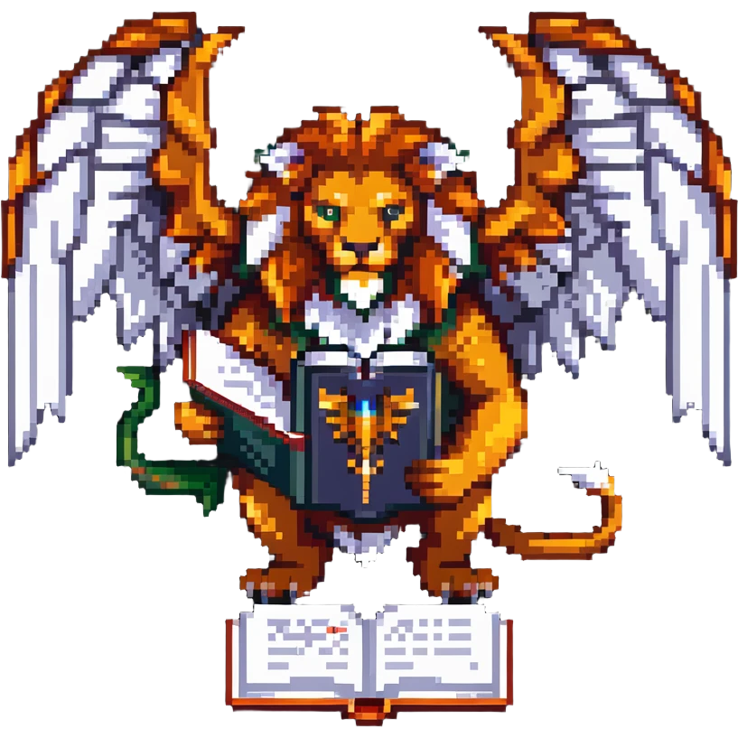 Manticore with wings, lion tail, and a book emoji